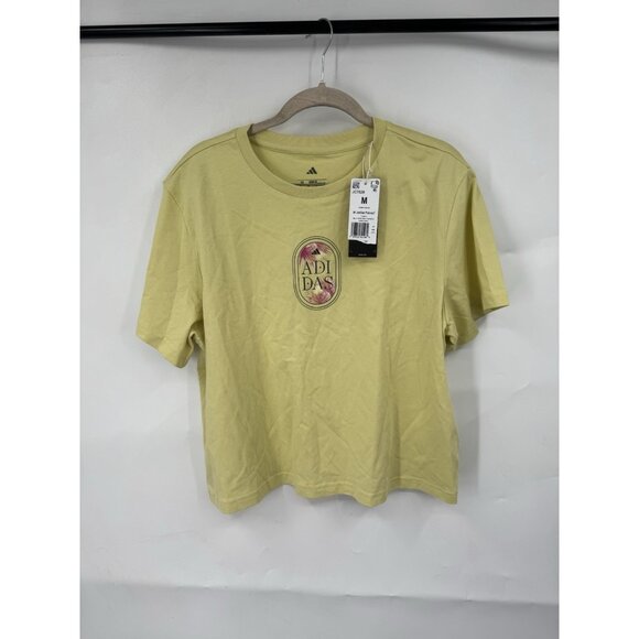 Adidas Jet Set Cabana T-Shirt Women Medium Yellow Cropped NEW Athleisure - Picture 1 of 11